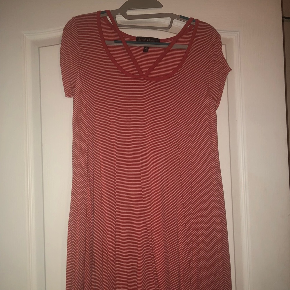coral and white striped dress with crosses